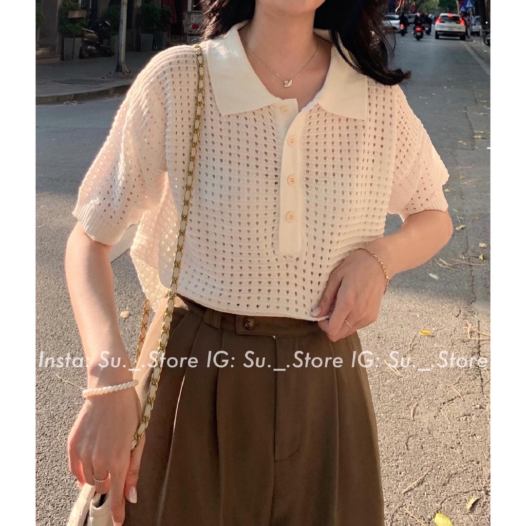 Áo len lưới ngắn tay, Áo polo cộc tay đi biển phong cách ulzzang Hàn Quốc Kozoda AP5
