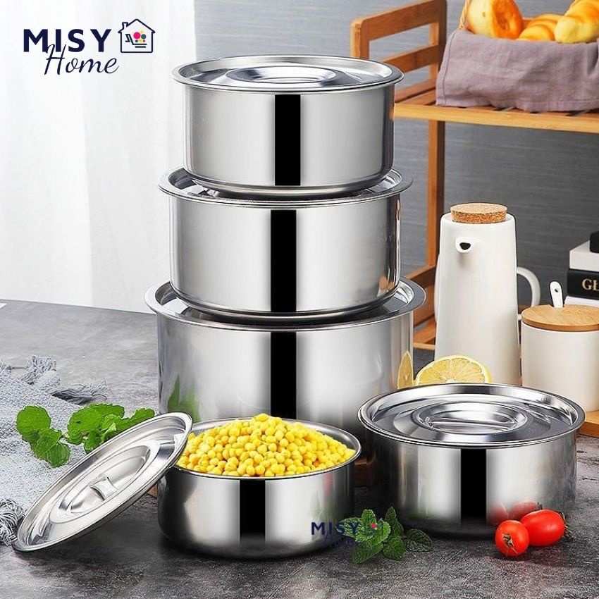 Bộ 5 nồi thố bát inox không quai có nắp bảo quản thực phẩm nấu bếp từ bếp ga hồng ngoại Misy Home