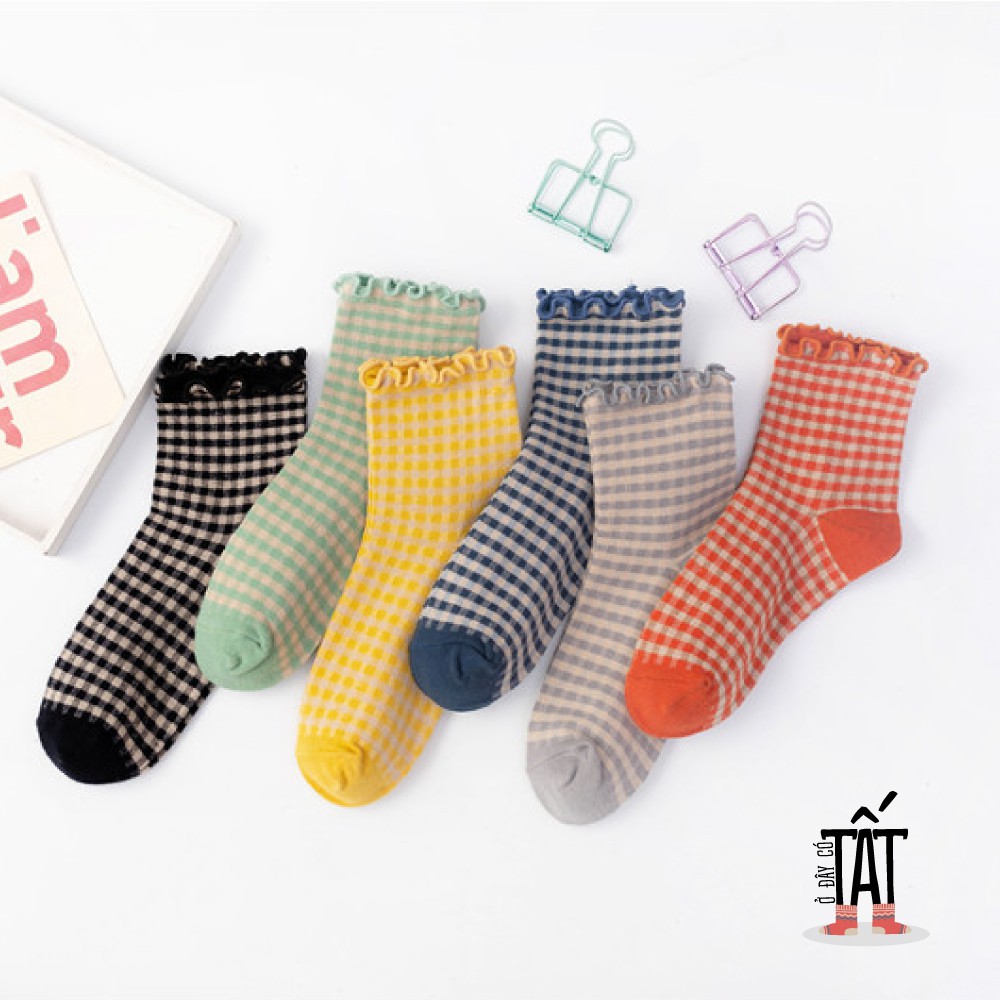 ❤️Ảnh thật shop tự chụp❤️ Tất nữ - Vớ nữ cao cổ kẻ caro cổ bèo phong cách vintage, Hàn quốc