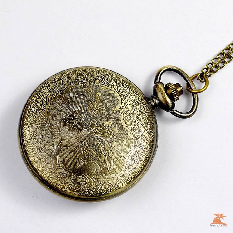 #Đồng hồ bỏ túi# Vintage Women Men Quartz Pocket Watch Chain Gothic Green Elf Eye Hollow Bronze Watch Pendant Necklace Gifts