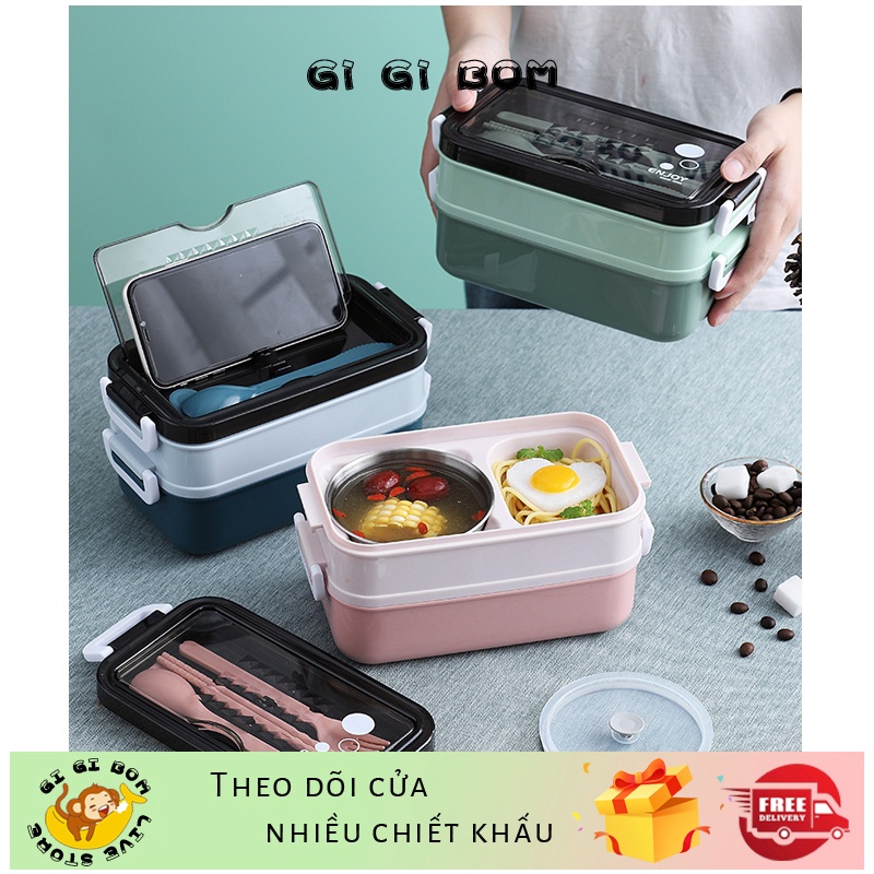 Hộp đựng cơm giữ nhiệt 2 tầng inox 304, canh ,hộp đựng cơm văn phòng,hộp cơm inox