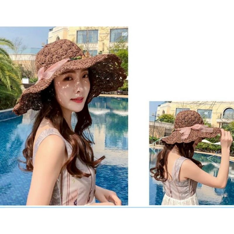 Nón đi biển mũ cói rộng vành nữ Panama gấp gọn thời trang Hàn Quốc