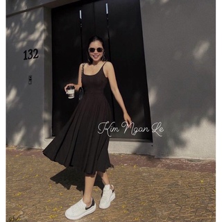 đầm 2 dây dáng xòe, chất thun gân lth