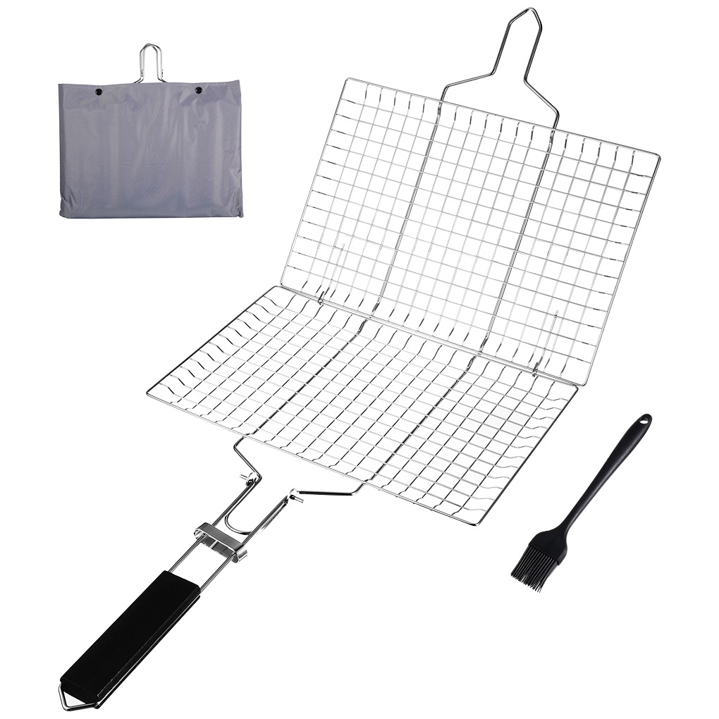[Global] Barbecue Grilling Basket Metal Handle BBQ Grill Net Folding Portable Cooking Grid Rack with Spice Brush