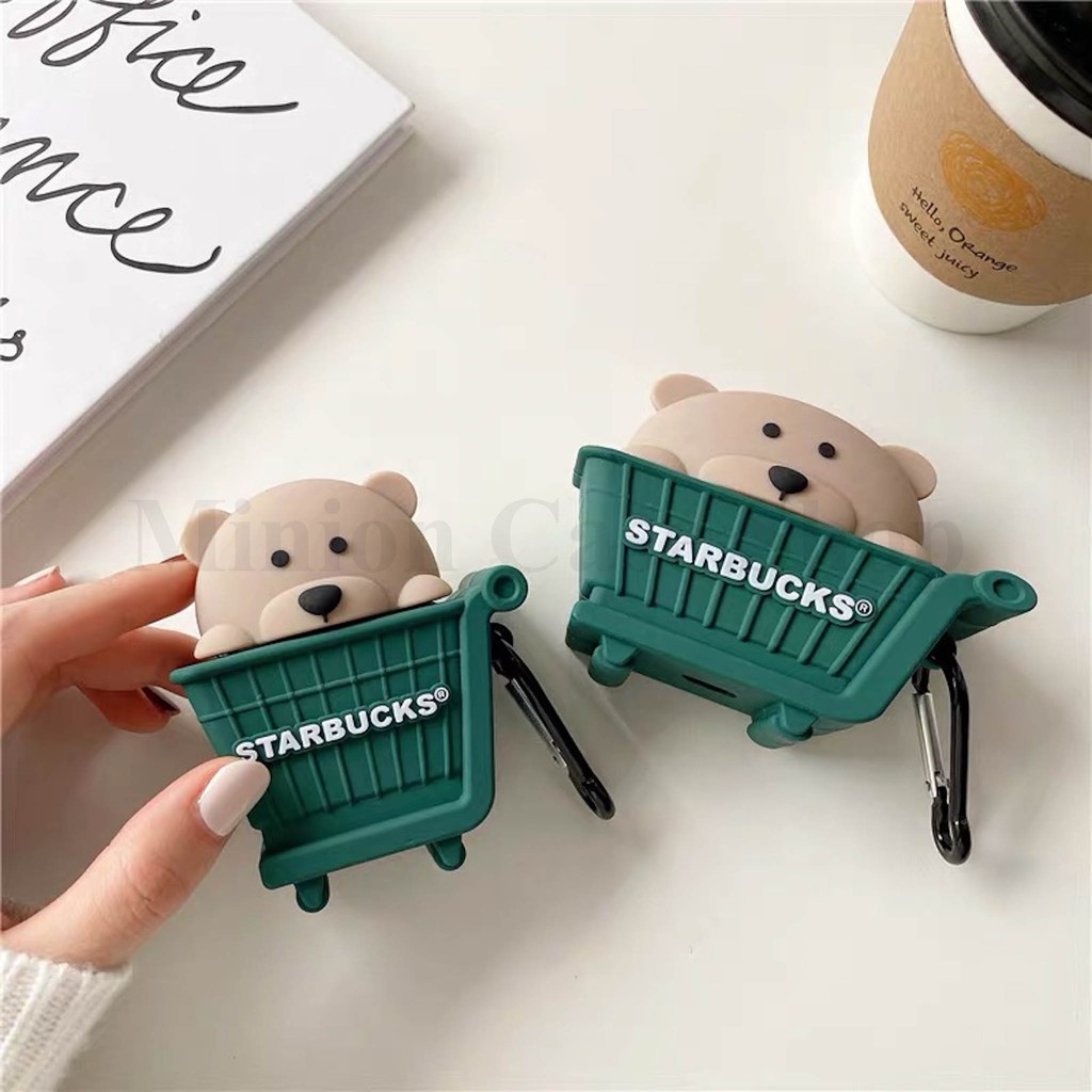 Ốp case Airpods 1/2, Airpods Pro Gấu xe đẩy Starbucks siêu cool silicon 3d cao cấp