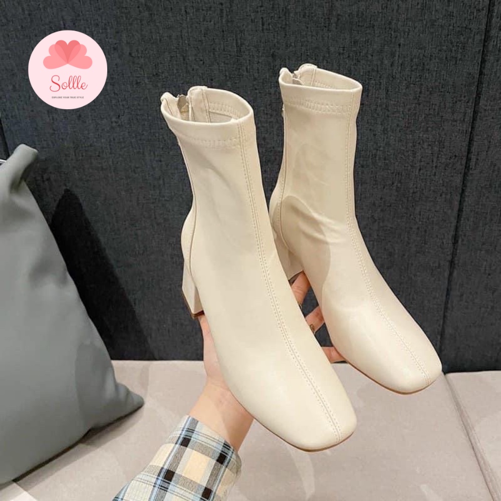 Giày bốt nữ da lì mềm cao gót boot cổ ngắn lót lông ấm siêu êm giá rẻ 5 phân Sollle BD02