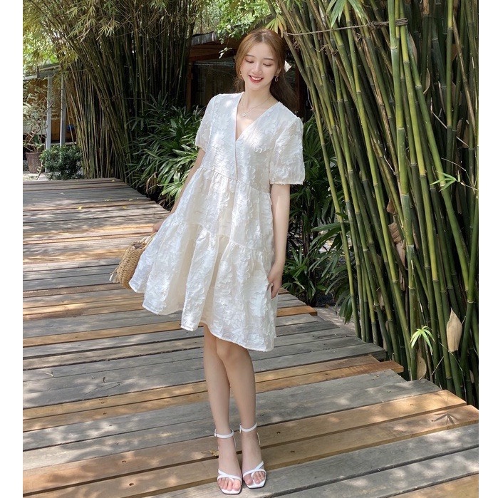 Đầm babydoll ren hoa cổ V dáng xòe xinh xắn TL135