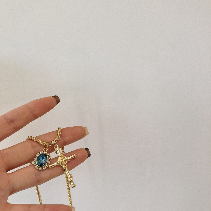 Dây chuyền mặt hình thánh giá đính đá opal màu xanh dương thời trang cho nữ 22814