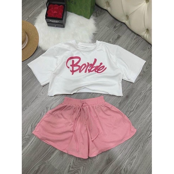 Set Bộ Barbie Áo Croptop Tay Ngắn Fom Rộng Kèm Short Loe alohashop91