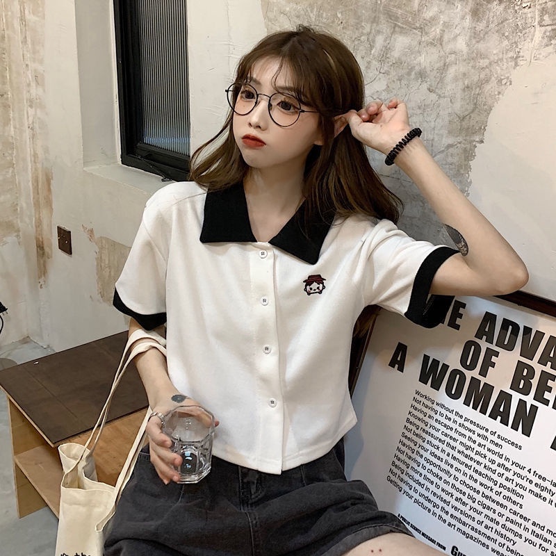 Spot short-sleeved T-shirt T-shirt female 2021 new Japanese cute college style girl polo shirt lapel white T-shirt top with cotton short sleeves