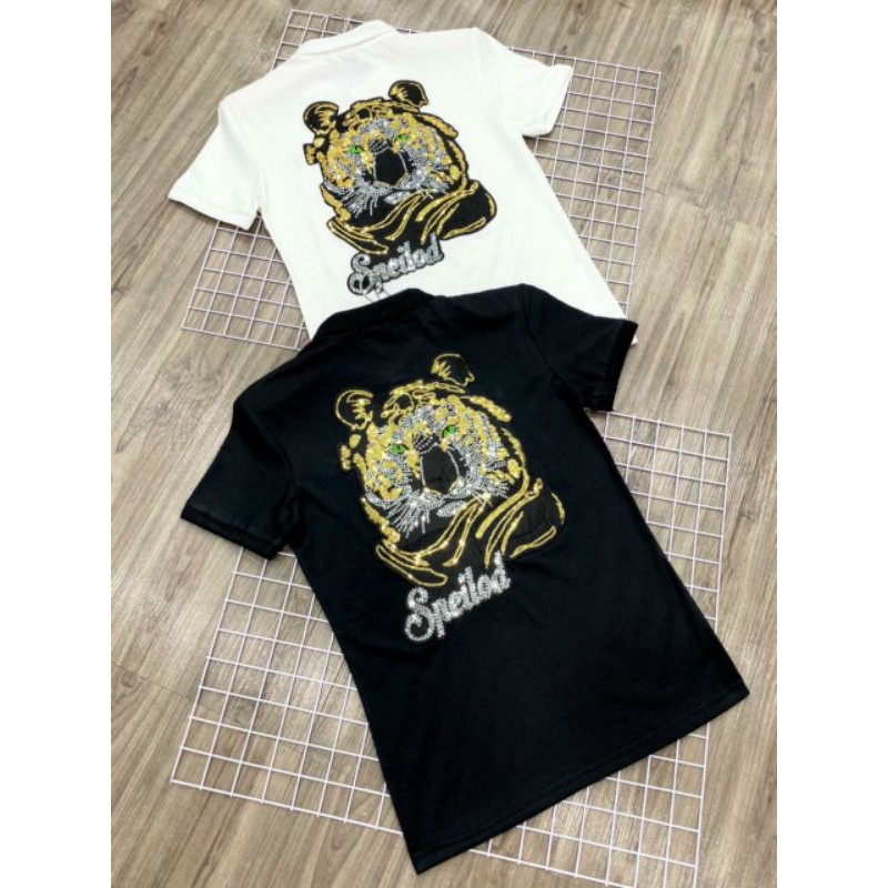 Áo thun cổ bẻ nam nữ Gucciis hình sư tử vàng Speilod đính đá kim sa , 100% vải cotton
