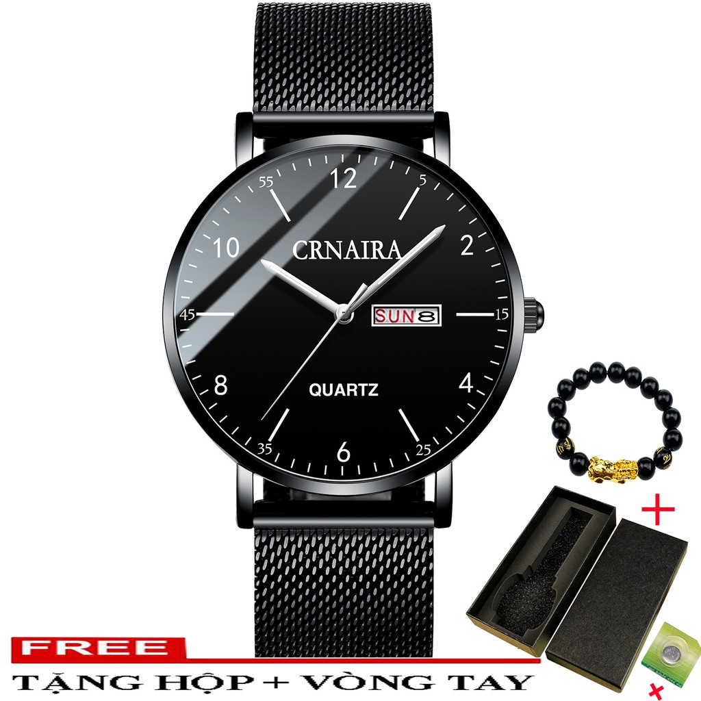 (CHUẨN MEN) Đồng Hồ Nam CRNAIRA JAPAN CR668 Chạy 2 Lịch Máy Mỏng Dây Thép Lụa Cao Cấp_Tặng Hộp Và Vòng Tay Phong Thủy
