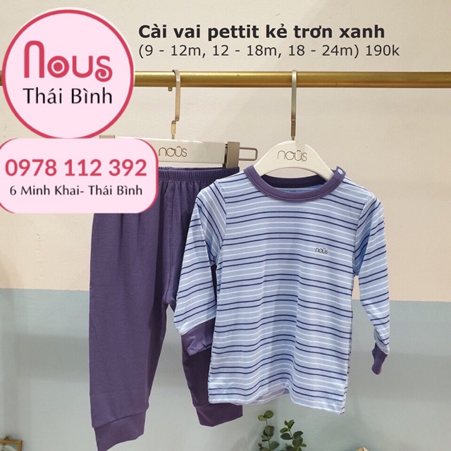Bộ cài vai dài petit kẻ trơn xanh Nous 9-24M