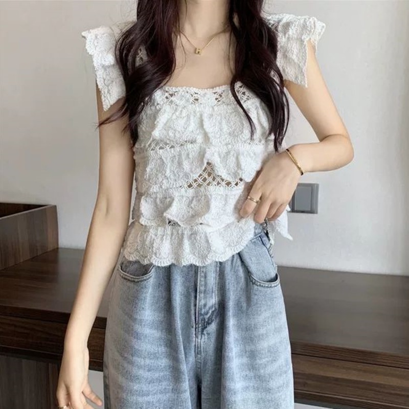 Áo Ren Cổ Vuông Hở Xương Quai Xanh Ôm Sát Quyến Rũ Thời Trang Hè Phong Cách Mới Cho Nữ