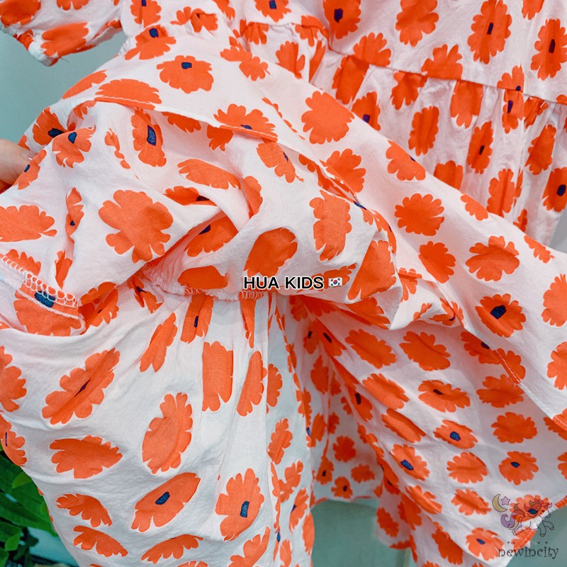 Đầm Tay Phồng Họa Tiết Hoa Cúc Xinh Xắn Cho Bé Gái