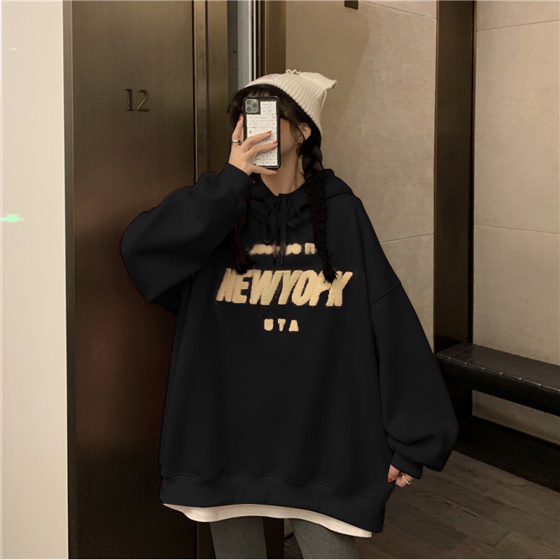Áo hoodie nữ form rộng NEWYOPK màu xám đen trắng chất nỉ bông, áo hoodie form rộng unisex nam nữ thời trang