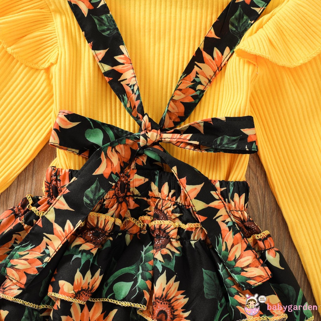 Bộ Áo Thun Tay Dài Màu Sắc Đơn Giản + Quần Yếm In Hoa + Băng Đô Dành Cho Bé Gái 0-24 Tháng Tuổi