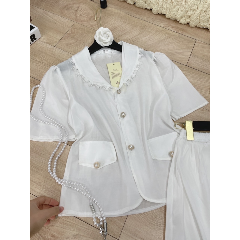 Set chân váy tiểu thư trắng tinh khôi cúc ngọc viền ren LT190