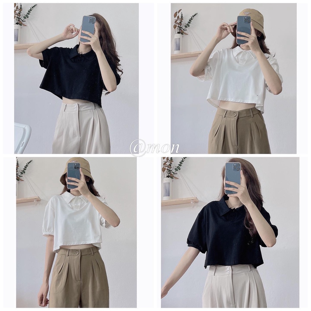 2101551 Áo croptop polo suông cho nữ ulzzang chất cotton mềm mát nhiều màu freesize | BigBuy360 - bigbuy360.vn