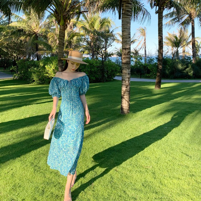 Đầm dài trễ vai hoa xanh cực xinh - Hàng Quảng Châu cao cấp - Ngân Dali | BigBuy360 - bigbuy360.vn