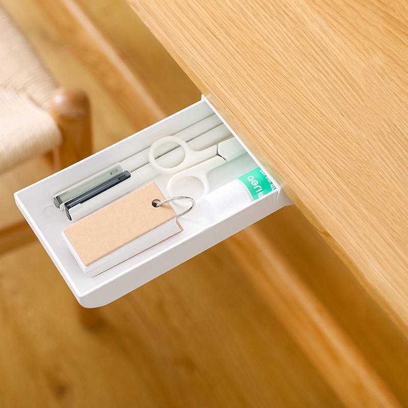 Hộp Ngăn Kéo Ẩn Bằng Nhựa Đựng Bút/Sổ Ghi Chú Dán Bên Dưới Bàn Làm Việc