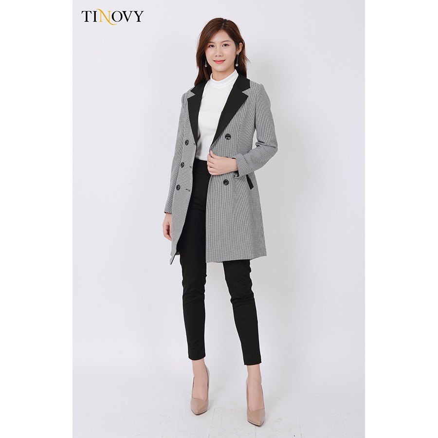 [Mã LT50 giảm 50k đơn 250k] Áo Măng Tô Nữ TINOVY Dáng Dài Kẻ Sọc Cổ 2 Ve Phối Cơi Túi Có Đai 1910-098