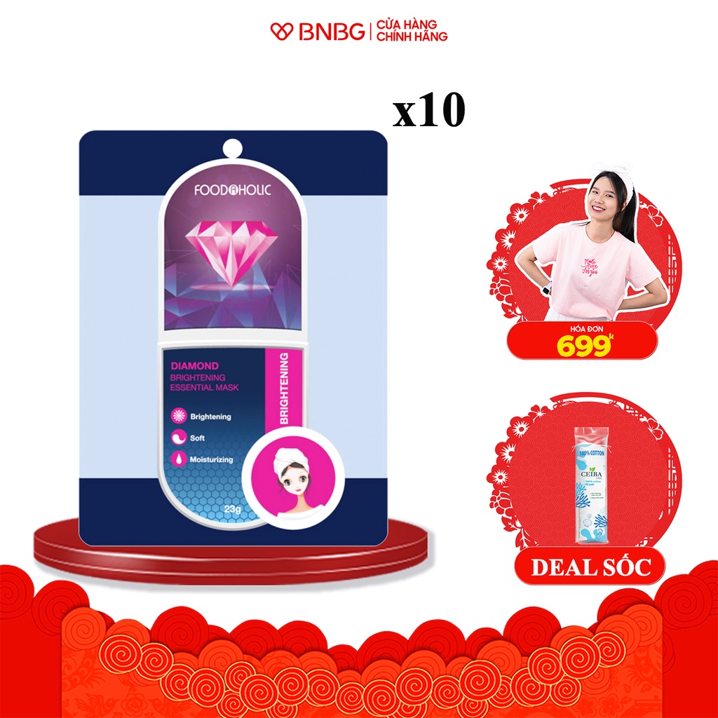 Combo 10 Mặt nạ dưỡng chất kim cương sáng mịn da Foodaholic Diamond Brightening Essential Mask 23g x10