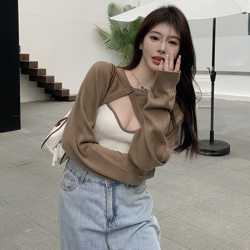 Bộ Áo Croptop Dệt Kim Ngắn 2 Món + Áo Hai Dây Màu Khối Thời Trang Cho Nữ