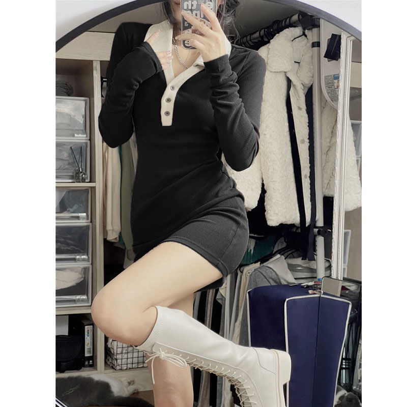 Đầm Dệt Kim Cổ polo Lưng Nhỏ Thời Trang Thu Đông Cho Nữ