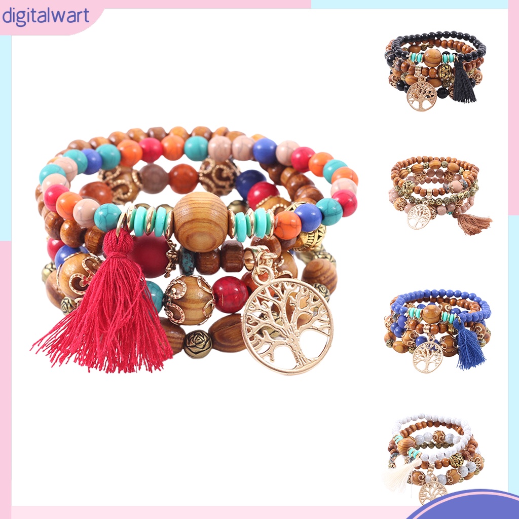 Bộ 4 vòng tay chuỗi hạt gỗ phối tua thời trang dành cho nam và nữ