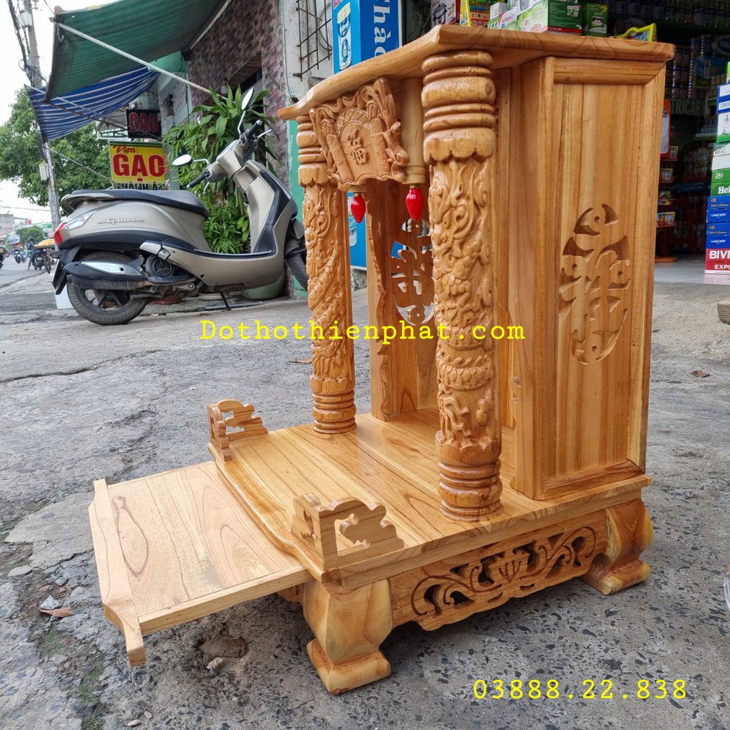 Bàn thờ thần tài ông địa gỗ xoan ngang 48 x 68 quỳ trụ