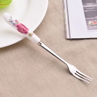 Dĩa inox chuôi sứ hoa hồng cao cấp loại 1