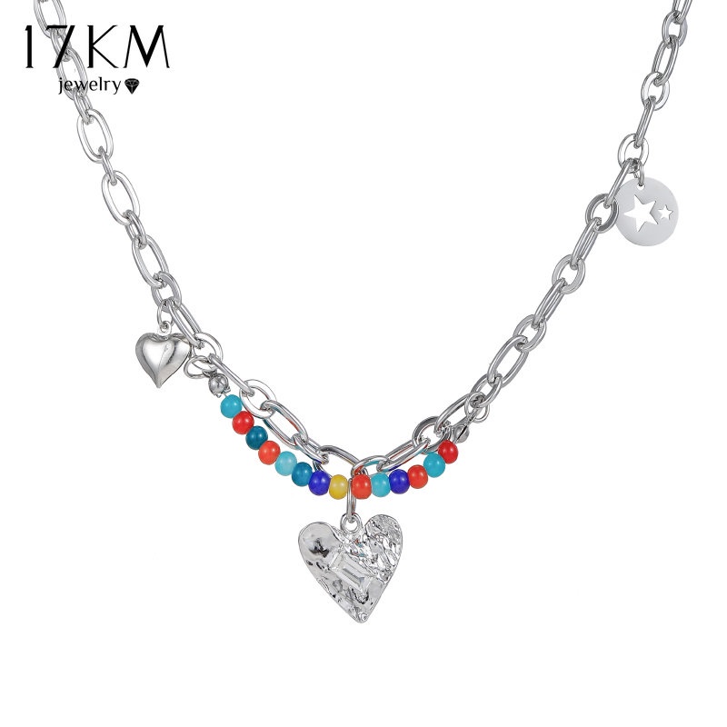 Vòng cổ bạc 17KM Y2K mặt trái tim đính hạt nhiều màu thời trang cho nữ