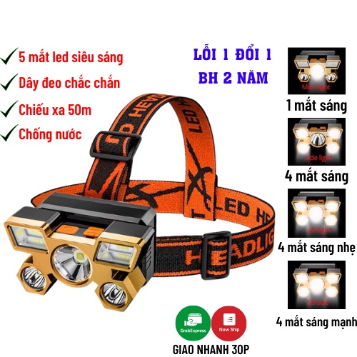 Đèn Pin Đội Đầu 5 Bóng Đèn Pin Siêu Sáng Có Dây Đeo Đầu Chắc Chắn ĐÈN DAIKI