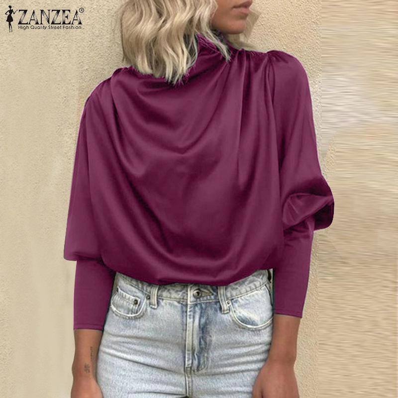 Áo kiểu ZANZEA tay dài cổ tròn xếp nếp đơn giản thời trang thanh lịch dành cho nữ