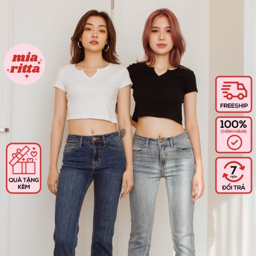 Áo croptop cổ tròn khoét V cộc tay thun Mia Ritta A2075 Ảnh thật