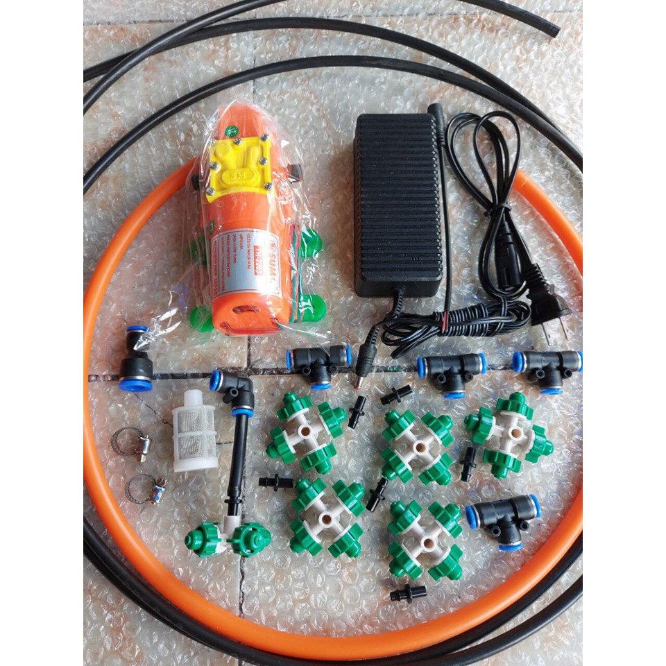 Bộ phun sương, tưới lan. bơm mini SuMo cam. kèm nguồn 12v_5a. 8 béc 4 hướng, 15m dây phun. 1m dây hút hoàn chỉnh...