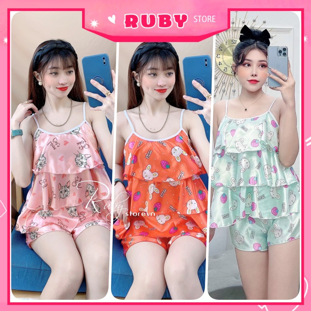 Đồ bộ sexy cho nữ mặc nhà chất phi bóng mềm mát in hình gấu hoạt hình dễ thương BPT418