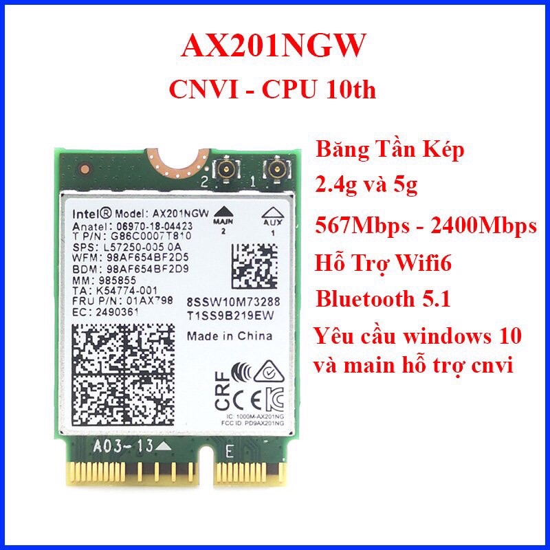 Intel AX201, M.2 wifi card băng tần kép 2.4G và 5G, Wifi 6 tốc độ 3000M, bluetooth 5.2 | BigBuy360 - bigbuy360.vn