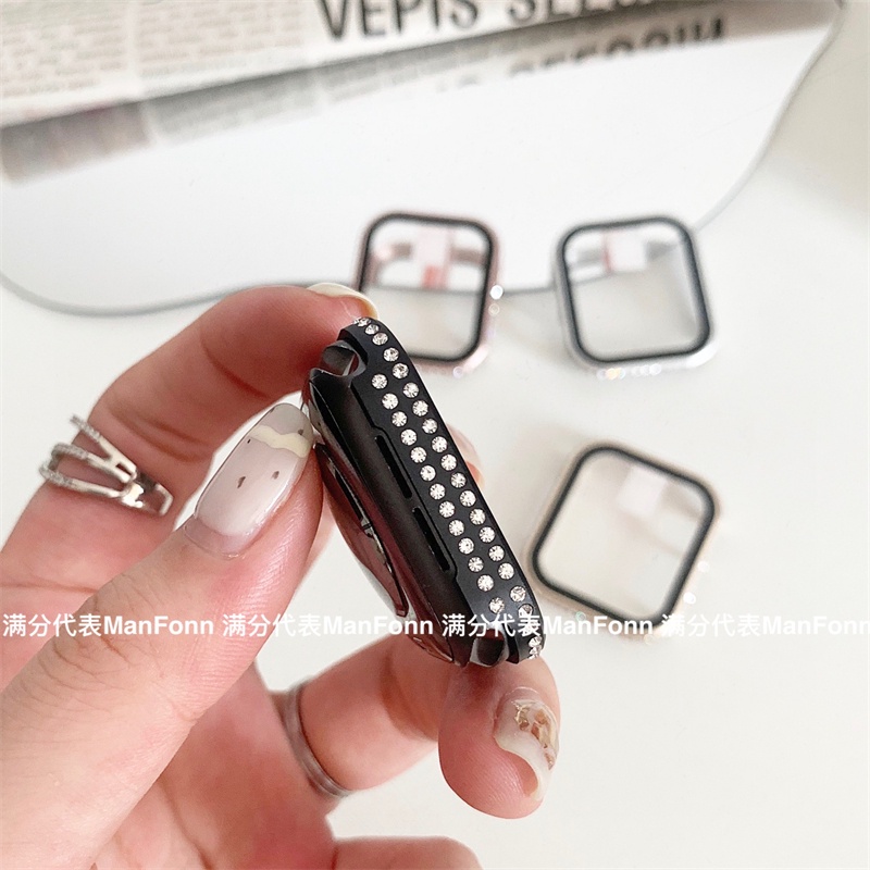 Ốp Điện Thoại Kính Cường Lực Cứng Viền Kim Loại Không Gỉ Đính Đá Cho Apple watch series 7 8 6 SE 5 4 40mm 44mm 41mm 45mm