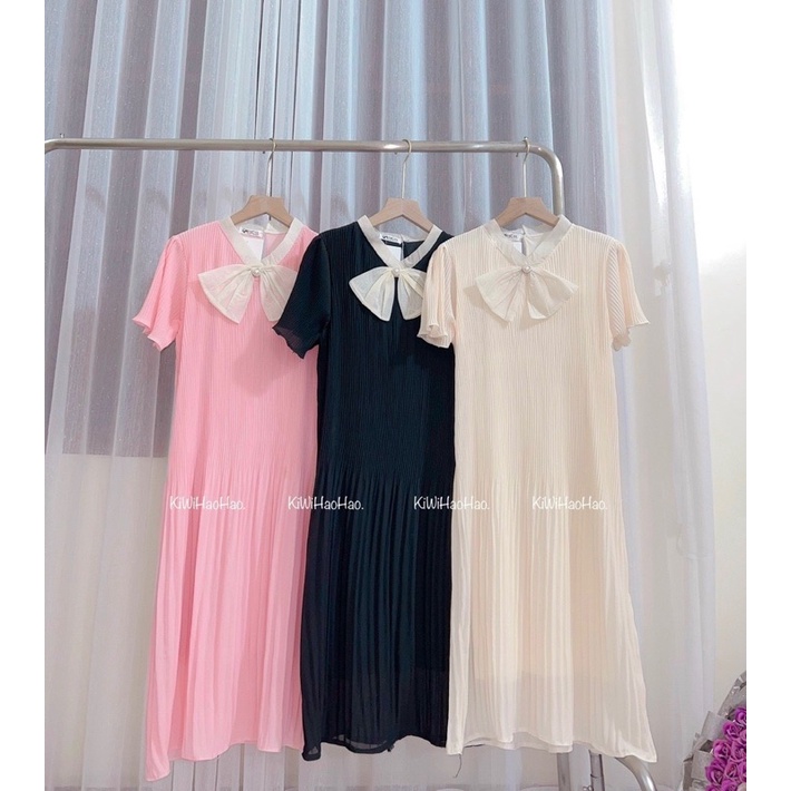 Váy Bầu Ly 2 lớp ,tay bồng ,đính ngọc ,Nơ todáng xuông☘️tiểu thư siêu xinh-ảnh thật cận chất -freesize 43-68kg