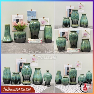 Bộ sản phẩm lọ hoa men hỏa biến, gốm Bát Tràng màu xanh ngọc