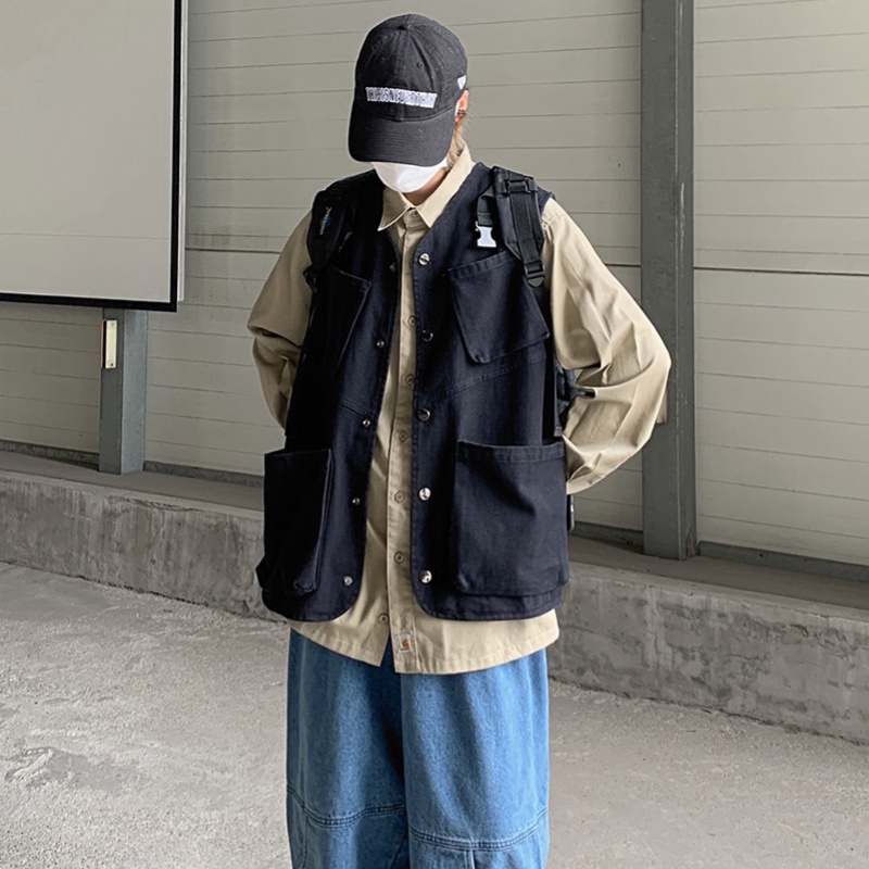 Áo khoác không tay dáng rộng phong cách retro nhật bản dành cho nam giới
