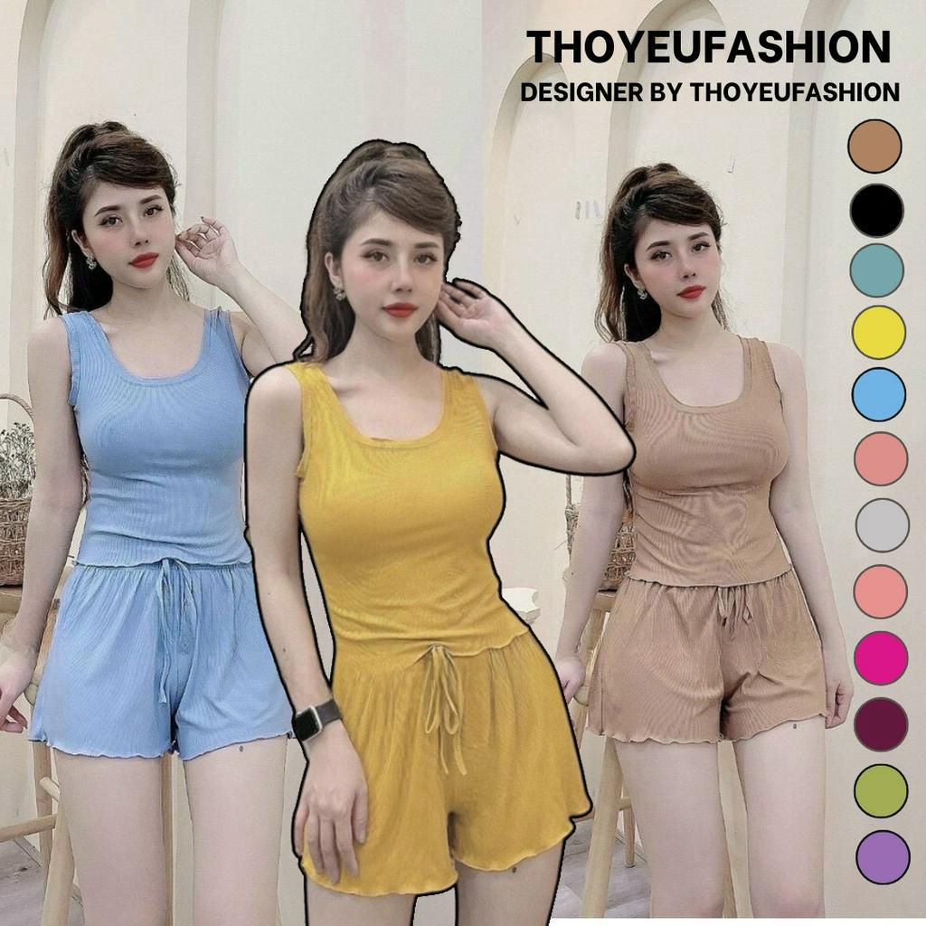 Bộ ngủ ba lỗ viền bèo thun tăm, Sét đồ ngủ sexxy co giãn chất tăm mát lạnh BNVB0023 - Thoyeufashion