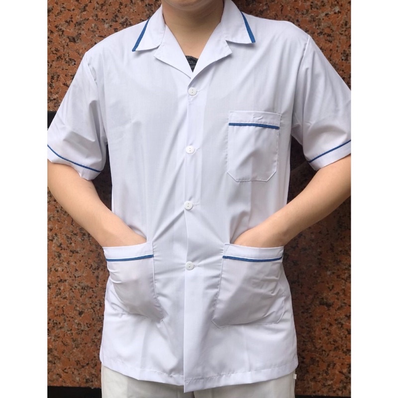 Bộ blouse trắng viền xanh điều dưỡng, dược sỹ, y tá nam nữ cộc tay hàng đẹp - có bán lẻ Áo, quần riêng [Xưởng may]
