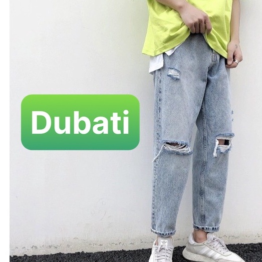 Quần Jean Nam Rách Gối Xanh Trơn, Quần Baggy Jeans Nam Unisex- DB 46- DUBATI FASHION
