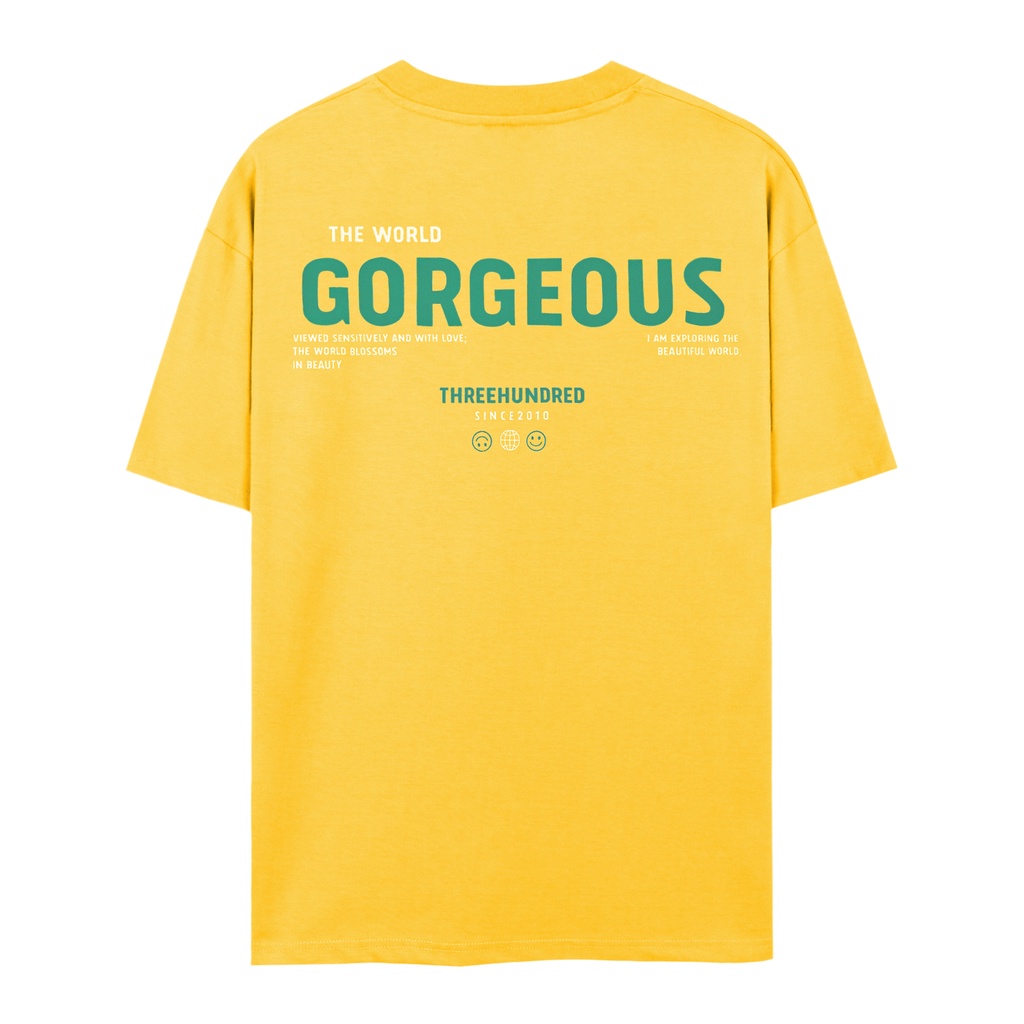 Áo Thun Vàng In Chữ The World Gorgeous Màu Xanh Chất Liệu 100% Cotton Form Rộng Thoải Mái Unisex Nam Nữ