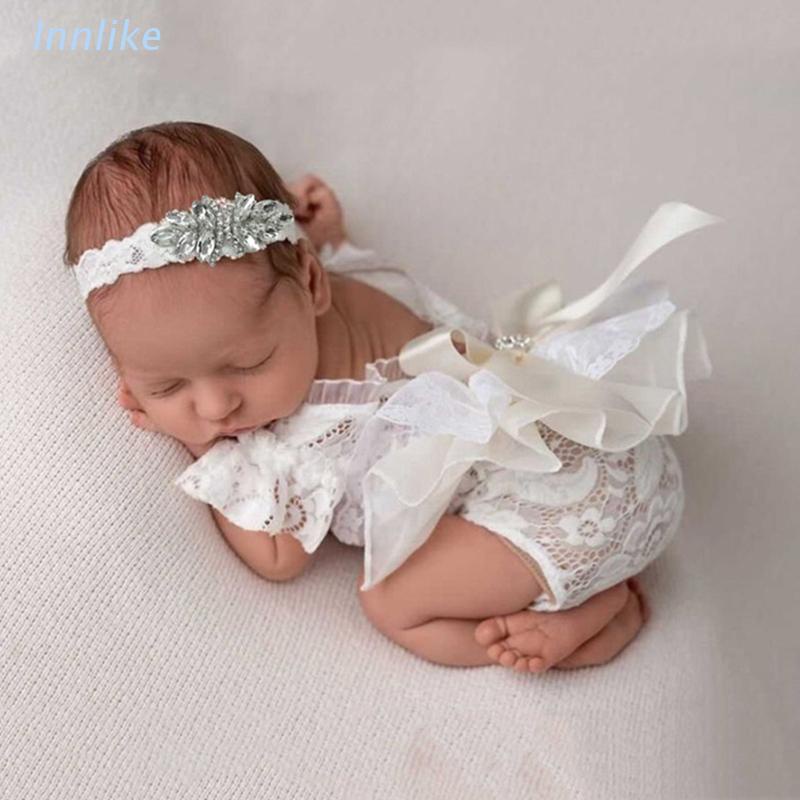 Bộ 2 Món Áo Liền Quần Ren Đính Đá + Băng Đô Đội Đầu Chụp Ảnh Cho Bé Gái Sơ Sinh