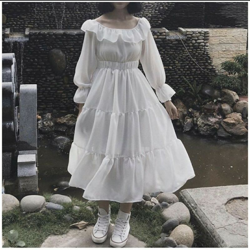 Váy Babydoll vải voan - Đầm Maxi trễ vai tiểu thư MND