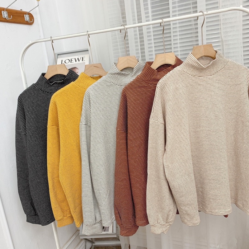 Áo nỉ kẻ cổ cao - Áo nỉ tay bồng Quảng Châu dày dặn style Ullzang xinh xắn